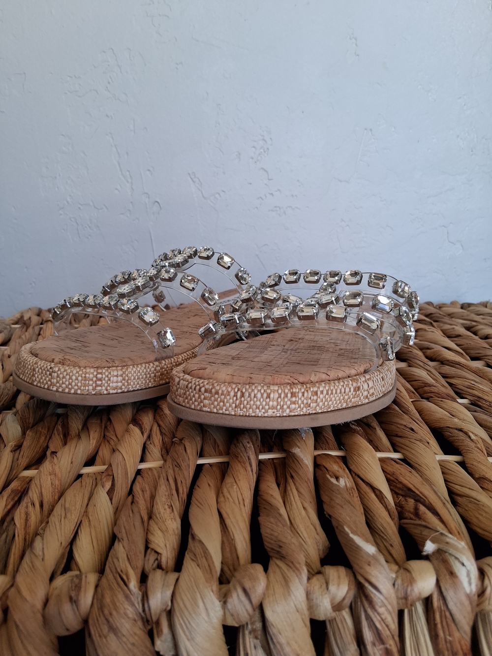 Steve Madden Sz 8 Cork Slide Sandals with Clear Jeweled Straps - Picture 2 of 8
